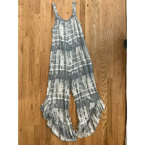 Japna Womens Grey White Tie Dye Ruffle Hem Wide Leg Jumpsuit Size M Boho Rayon - Picture 1 of 9